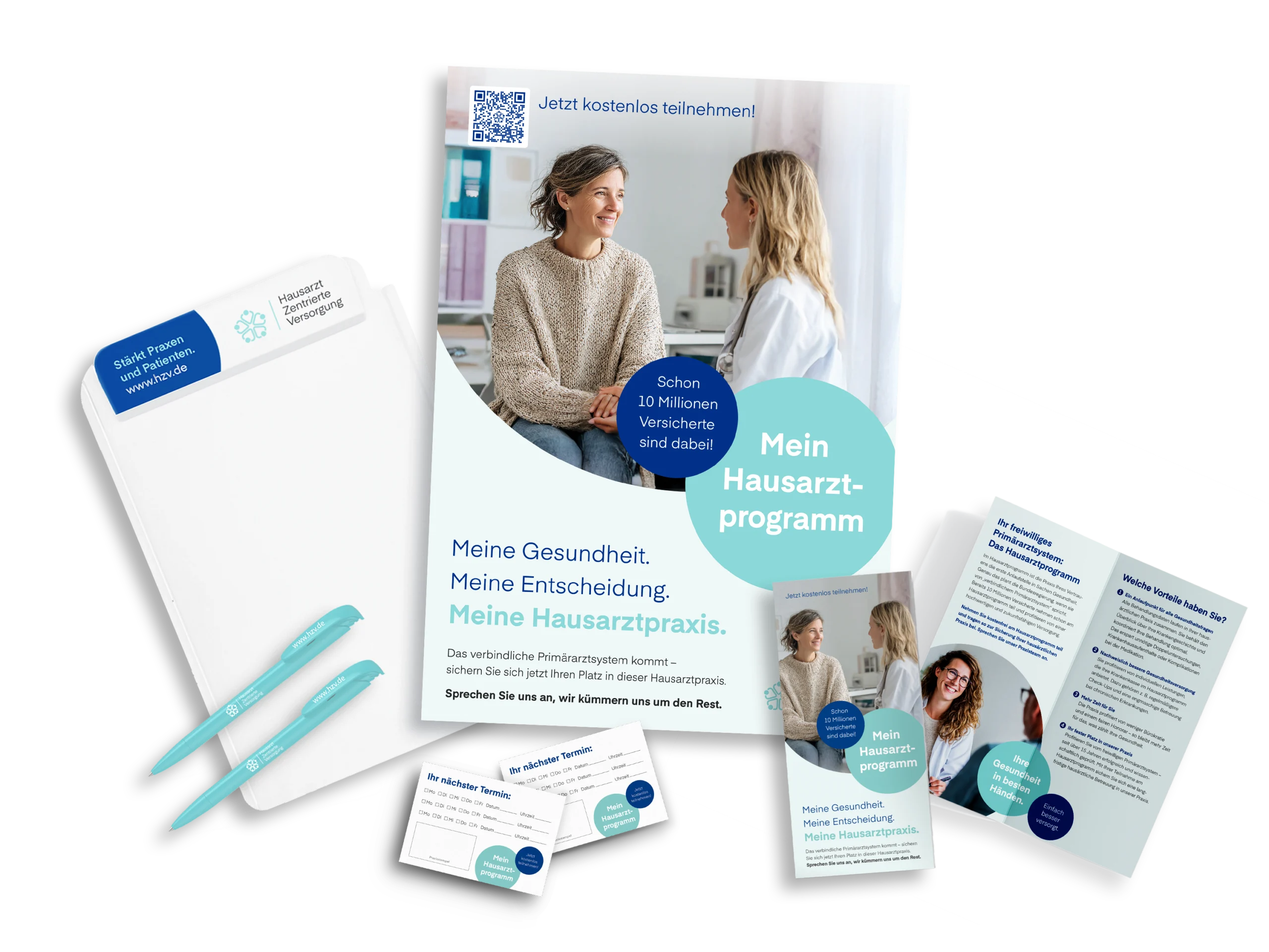 Das Powermonat-Paket: Alles für die Patientenansprache – inklusive Klemmbrett, Poster, Flyer, Kugelschreibern und Terminblöcken.