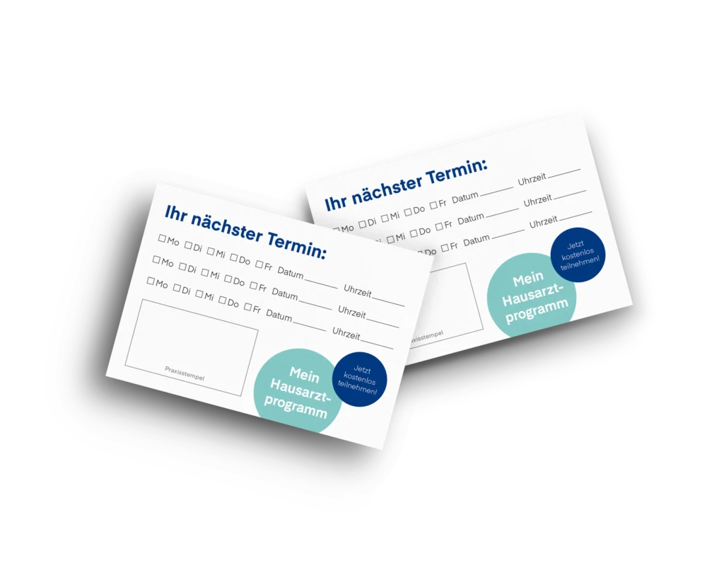 Terminblöcke im HZV-Design: Praktisch, modern und ideal, um Patienten dezent auf das Primärarztsystem hinzuweisen.